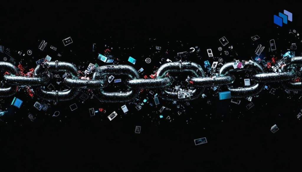Broken chain with scattered digital icons representing small business cybersecurity risks
