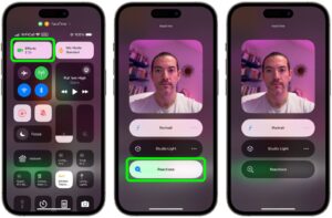 An iPhone screen displays FaceTime settings, highlighting effects, portrait mode, and options for reactions with a purple background.An iPhone screen displays FaceTime settings, highlighting effects, portrait mode, and options for reactions with a purple background.