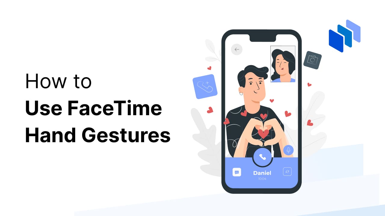 Illustration of a person making a heart shape with their hands on a mobile screen, with text about using FaceTime hand gestures.