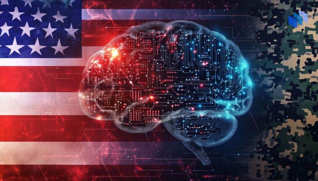 Glowing AI brain over split background: American flag on the left, military camouflage on the right, representing the integration of AI into U.S. military and government systems