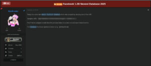 Forum post promoting the sale of a newly leaked Facebook database, claiming it contains 1.2 billion entries. User profile visible.