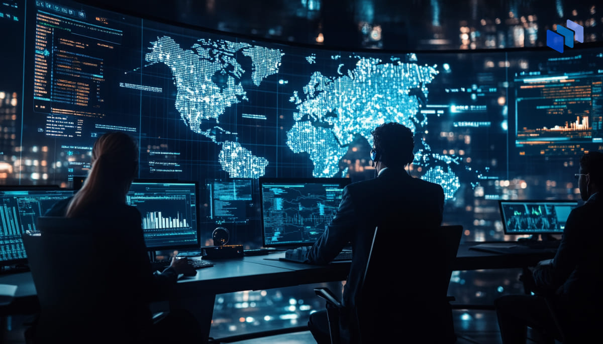 Three professionals monitor glowing screens with data visuals and a world map, set in a dark, high-tech control room.