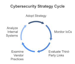 Diagram illustrating the Cybersecurity Strategy Cycle with steps: Adopt Strategy, Analyze Internal Systems, Evaluate Third-Party Links, Examine Vendor Practices, and Monitor IoCs.