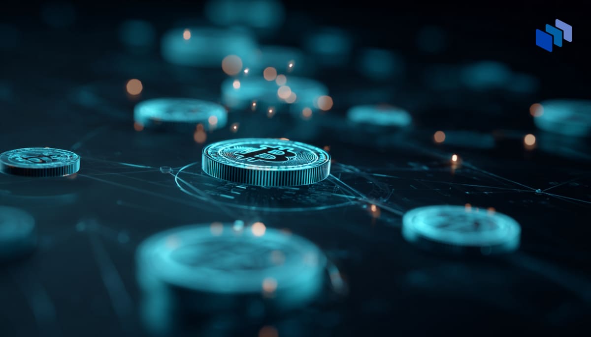 A close-up of glowing Bitcoin coins scattered on a dark surface, surrounded by a network of connected lines and soft lights.