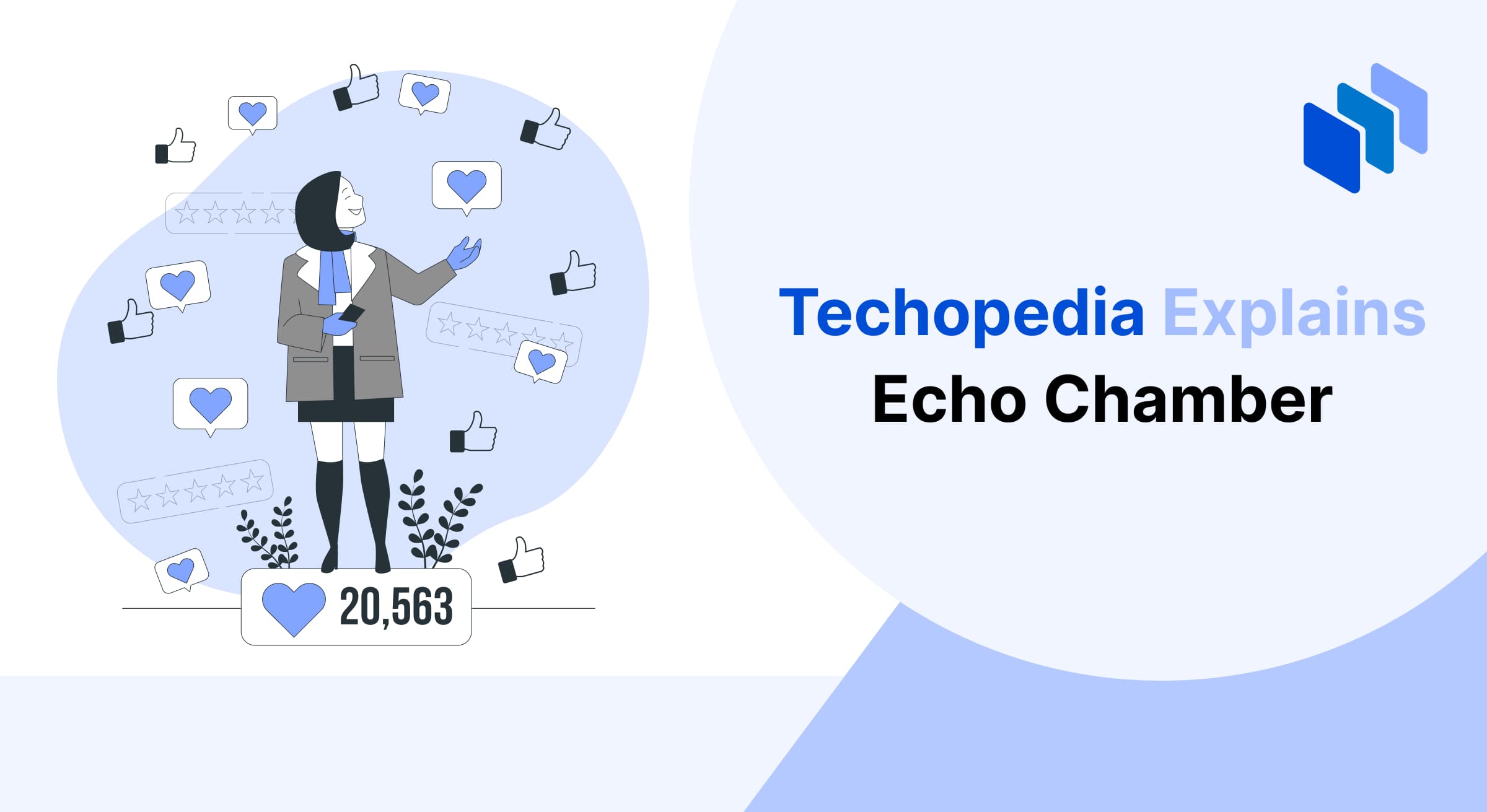An illustrated character explains the concept of "Echo Chamber," surrounded by social media likes and comments, with 20,563 likes displayed.