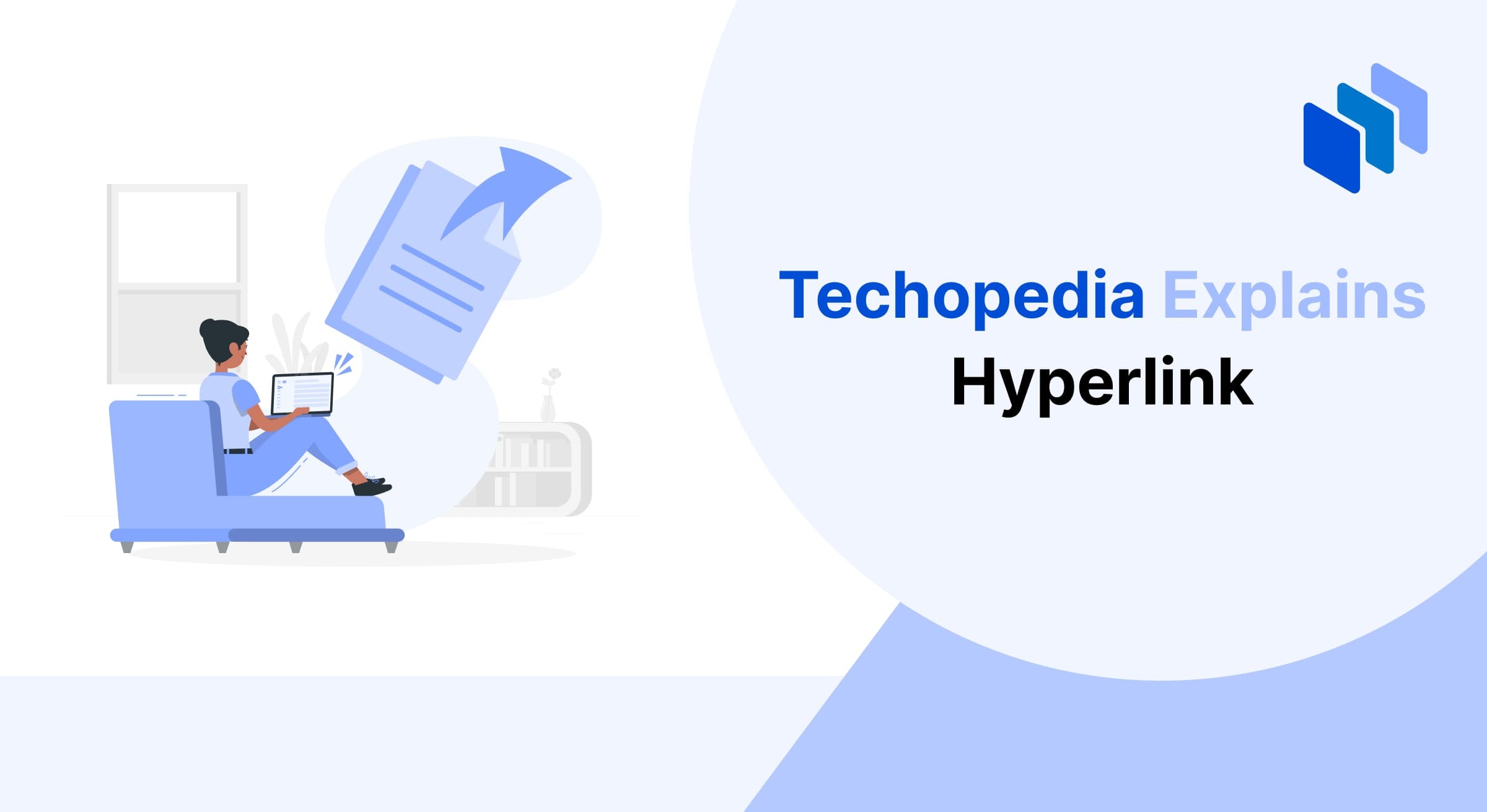 Illustration of a person sitting on a couch with a laptop, and a document icon with an arrow indicating the connection to another source, symbolizing a hyperlink