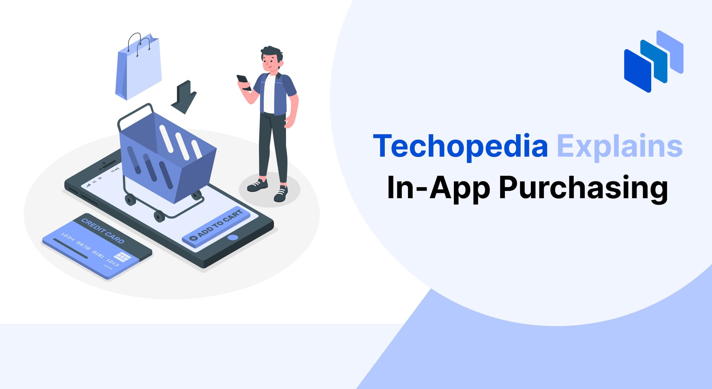Illustration of a shopping cart on a mobile phone screen, with a credit card and a person making a purchase. Represents the concept of in-app purchasing as a feature for buying goods or services within mobile applications.