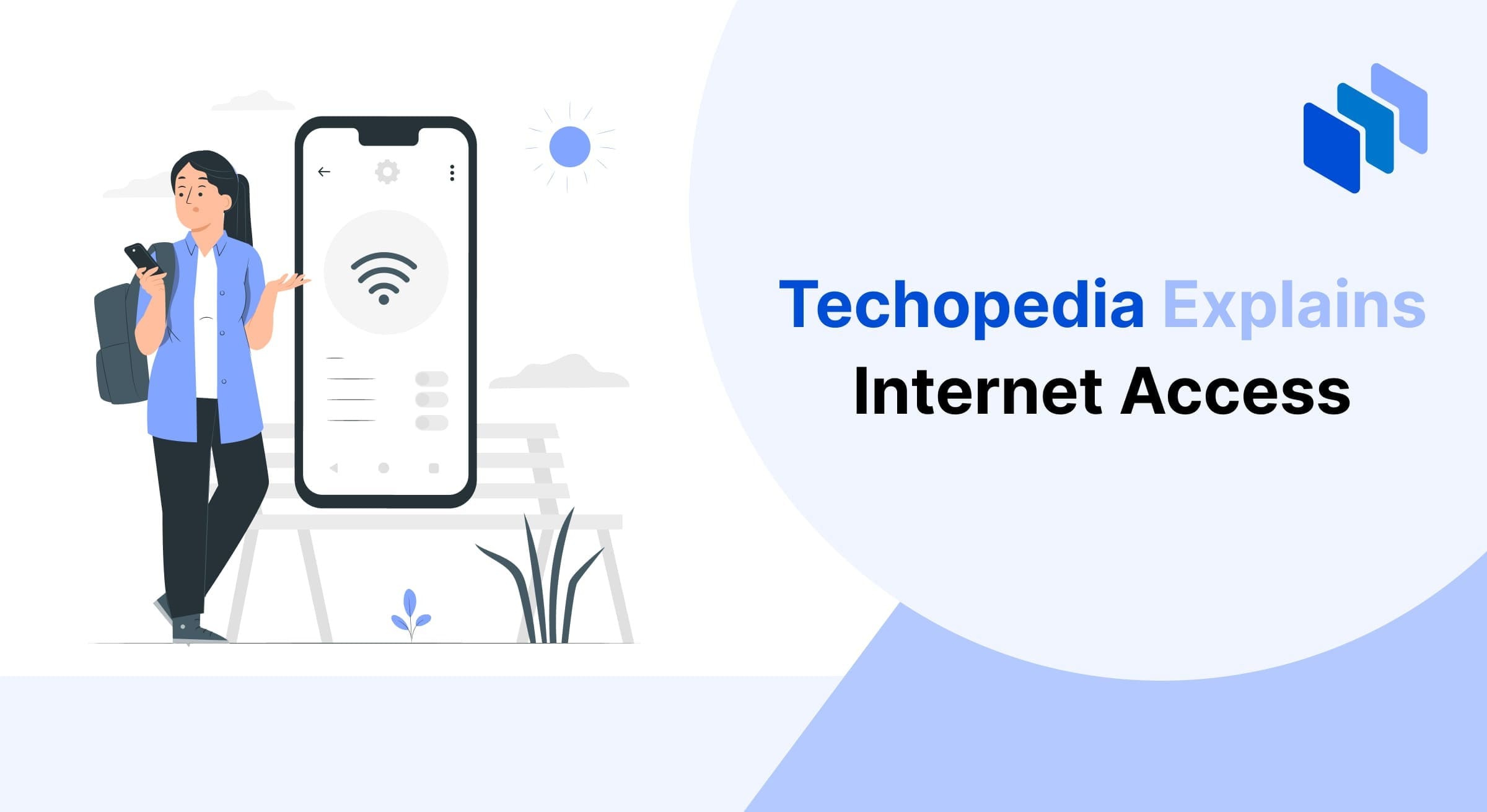 A person with a backpack checks their smartphone displaying Wi-Fi settings, alongside the text "Techopedia Explains Internet Access."
