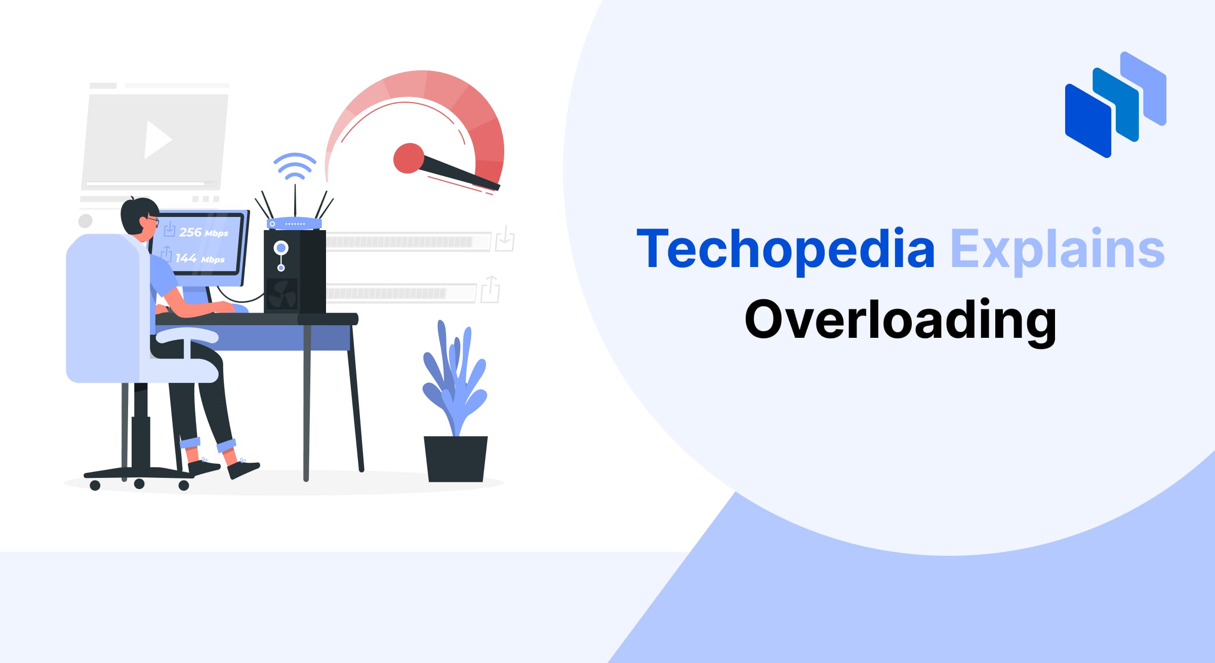 A person sits at a desk with a computer, monitoring network speed, as Techopedia explains the concept of overloading.