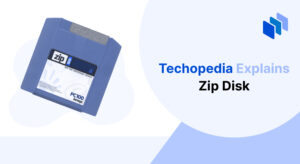 Image of a blue Zip disk with a label indicating "zip 100" from Iomega, alongside the text "Techopedia Explains Zip Disk"