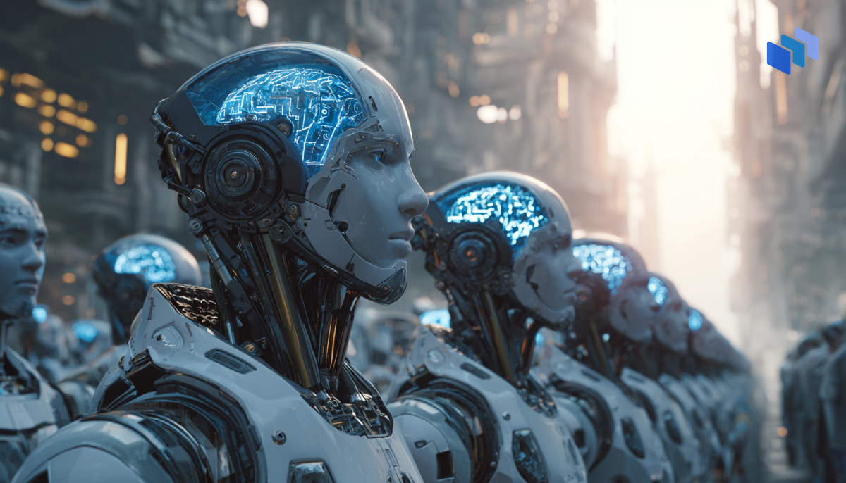 A lineup of futuristic robots with glowing blue circuitry on their heads, set against a sci-fi cityscape with soft lighting