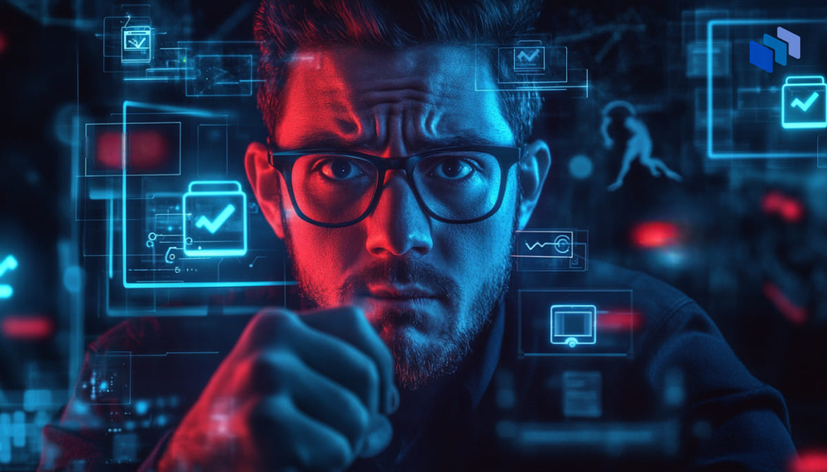 A digital interface glows with various icons and data graphics, creating a high-tech atmosphere around a focused individual.