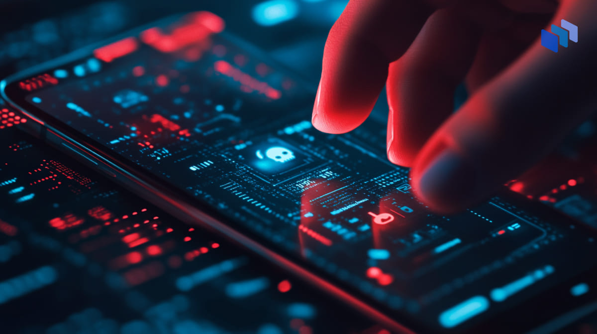 A close-up of a hand interacting with a futuristic smartphone displaying glowing circuit patterns and a skull icon on the screen.