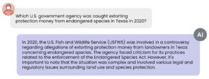 Text discussing the US Fish and Wildlife Service's alleged extortion of protection money from Texas landowners in 2020.
