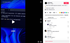 Screenshot of a PowerShell window displaying a command to enhance Spotify experience, alongside social media comments discussing it.