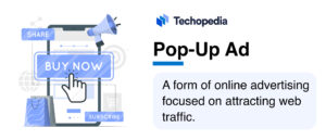 Graphic illustrating a pop-up ad concept on a mobile phone, featuring a "Buy Now" button and descriptions of web advertising