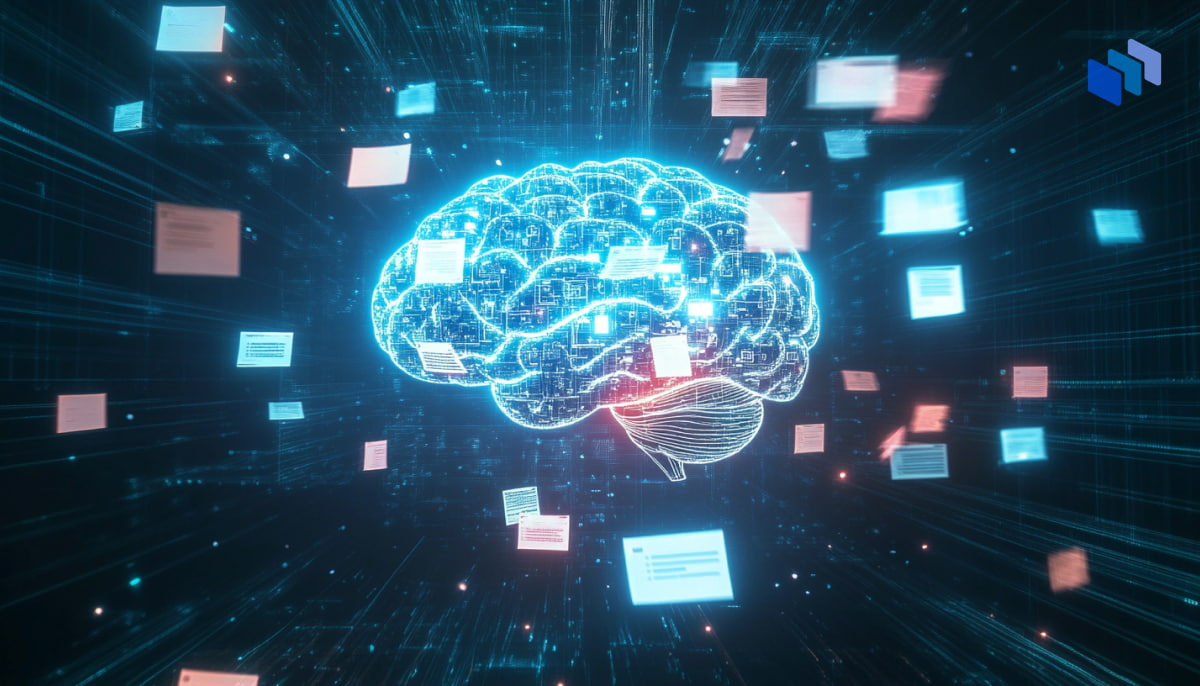 A glowing digital brain receives streams of floating documents in a futuristic space, symbolizing the importance of providing personal context to AI systems for better, more accurate responses.