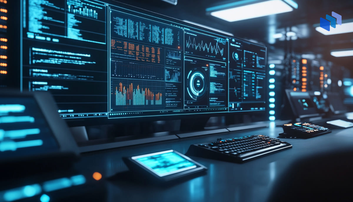 A high-tech data analysis workspace with multiple glowing screens displaying graphs, code, and statistics, and a sleek keyboard in foreground.