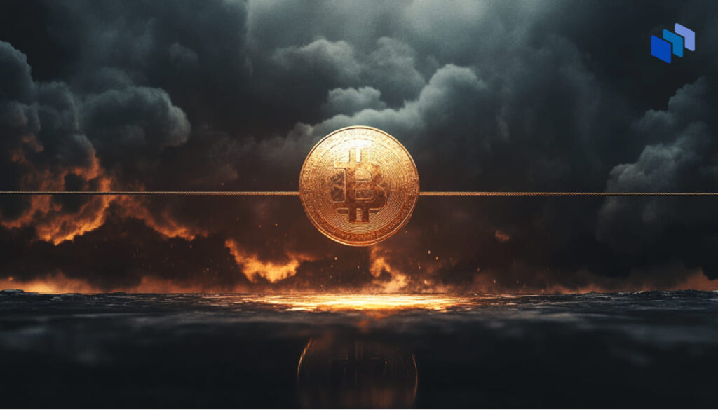 A glowing Bitcoin coin floats above a dark landscape, surrounded by ominous clouds and a fiery orange glow in the background.