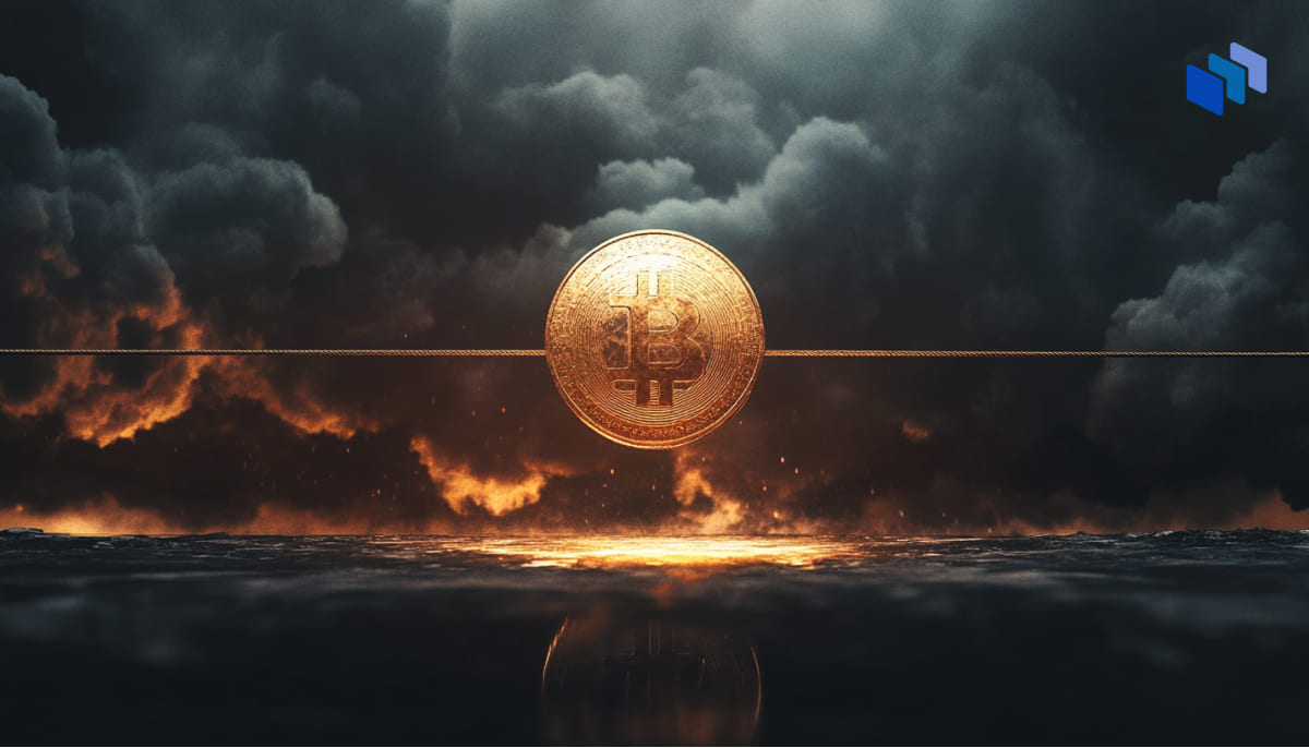 A glowing Bitcoin coin floats above a dark landscape, surrounded by ominous clouds and a fiery orange glow in the background.