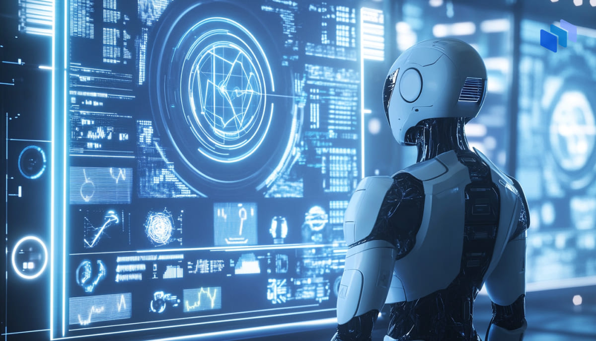 A sleek humanoid robot interacts with a futuristic digital interface filled with data visuals and graphs.