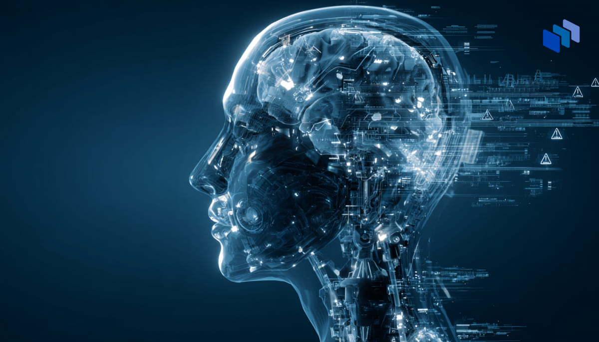 A translucent, digital humanoid face with a glowing neural network, surrounded by data streams and warning symbols against a dark background.
