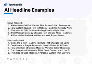 An infographic displaying examples of effective AI headlines, categorized as news-focused and feature-focused for content creators.