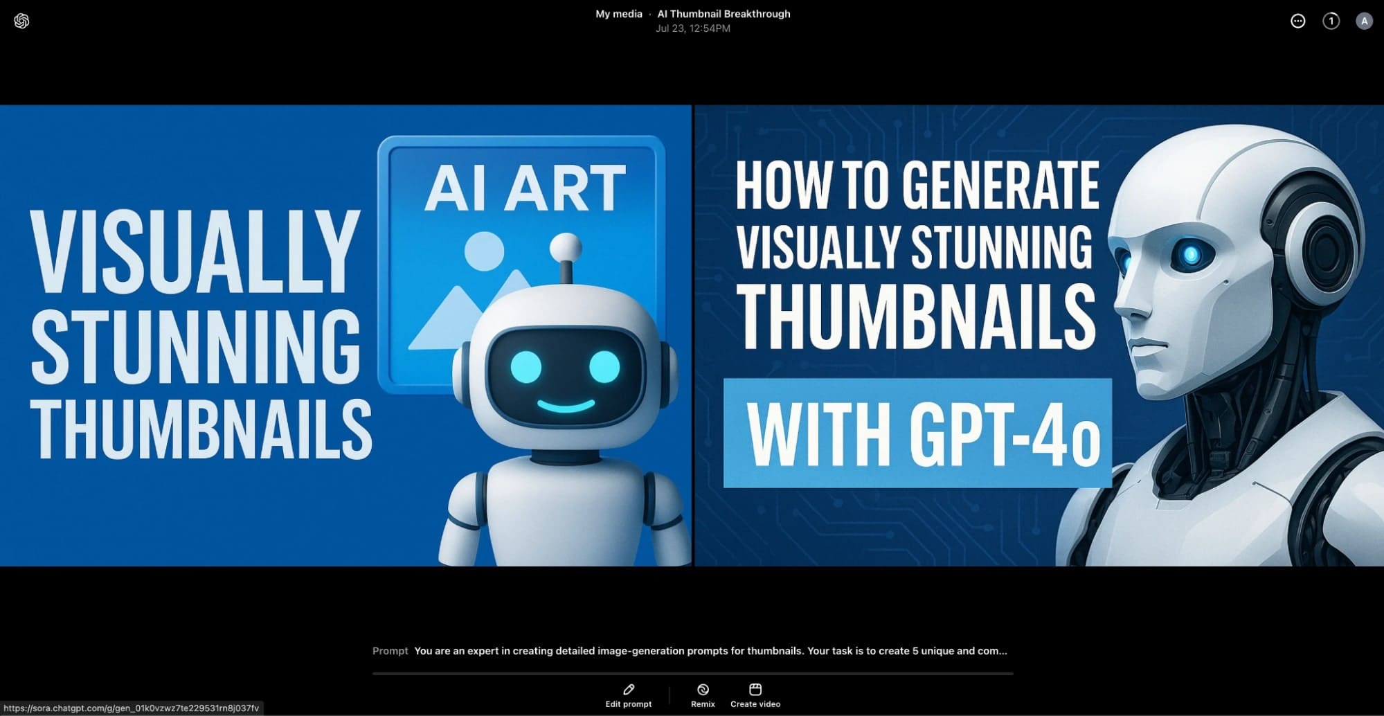 A digital illustration with two AI robots and text highlighting how to generate eye-catching thumbnails using GPT-4o