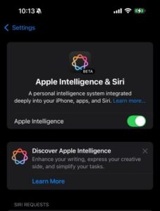 Screenshot of iPhone settings showcasing "Apple Intelligence & Siri" with options to enable and learn more about the feature.
