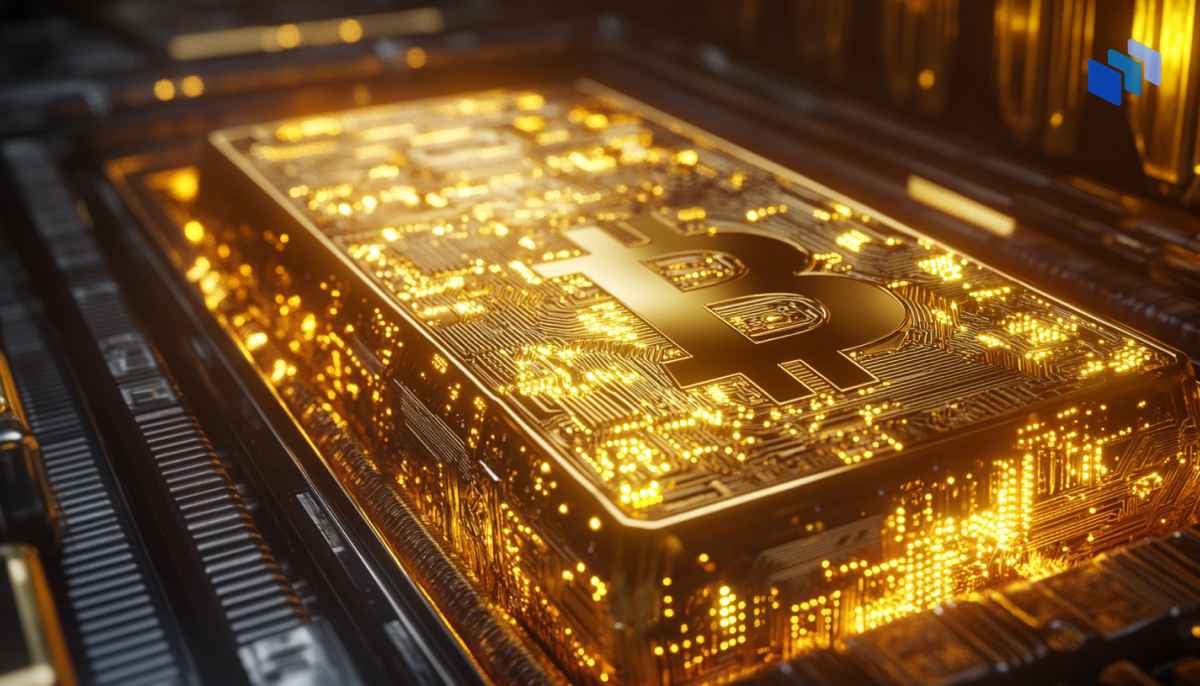Close-up of a shiny gold Bitcoin bar with intricate circuit patterns, glowing against a dark background.