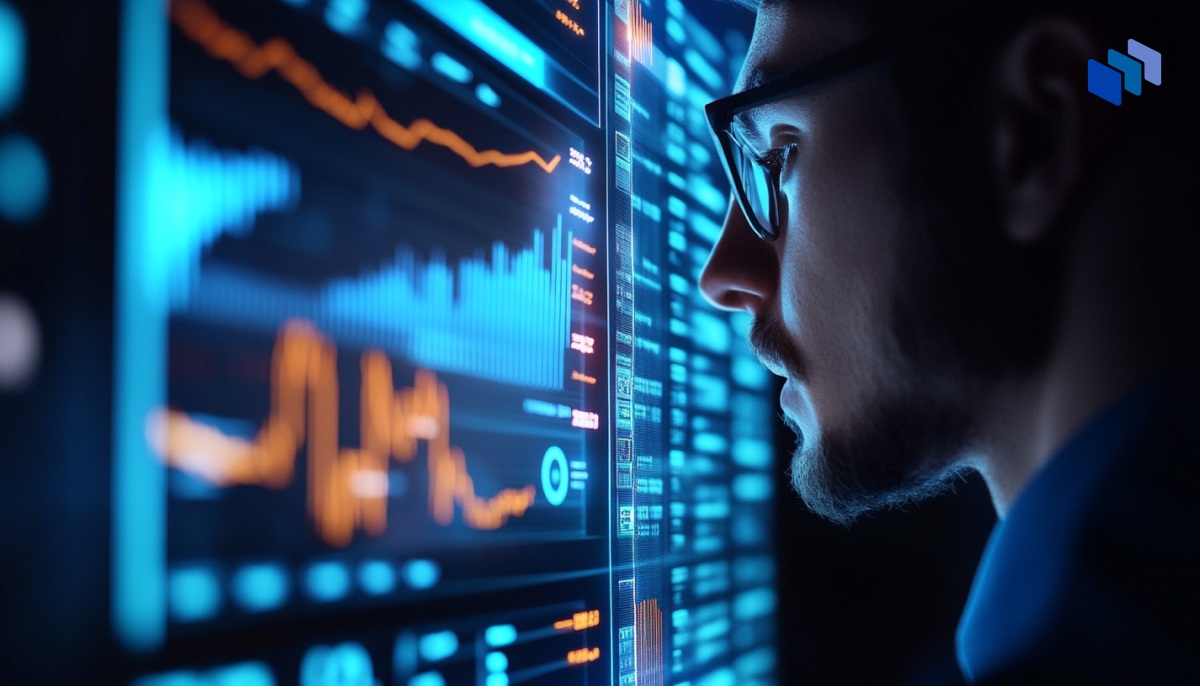 A person studies a large display of vibrant data charts and graphs, highlighting trends and statistics in bright blue and orange colors.