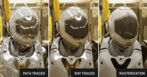 Three humanoid helmets displayed side by side, showcasing different rendering techniques: Path Traced, Ray Traced, and Rasterization.