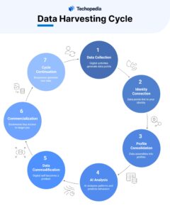 An infographic illustrating the Data Harvesting Cycle, comprising seven steps from data collection to commercialization.