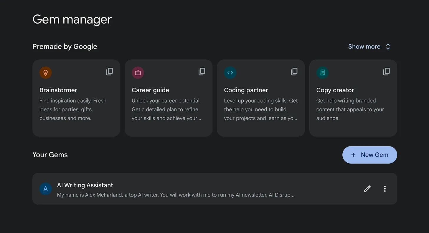 Gemini Gem Manager with premade assistants and a custom AI Writing Assistant Gem