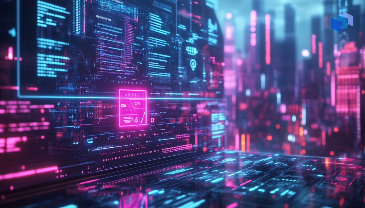 Futuristic digital interface with glowing pink and blue data panels, set against a blurred cityscape