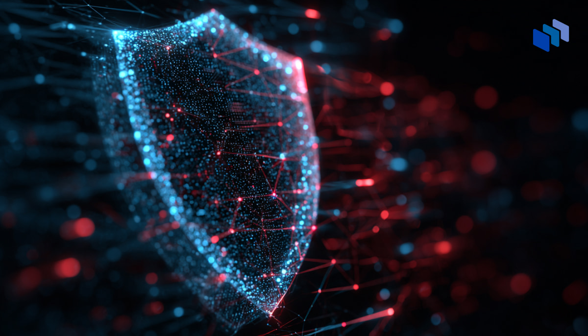 A glowing shield made of interconnected dots and lines, illuminated in blue and red against a dark background