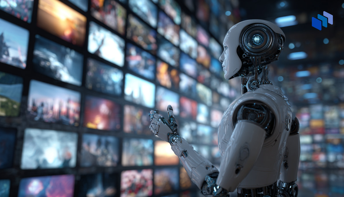 Futuristic AI robot analyzing a digital wall filled with colorful video thumbnails, representing AI-generated visual content creation