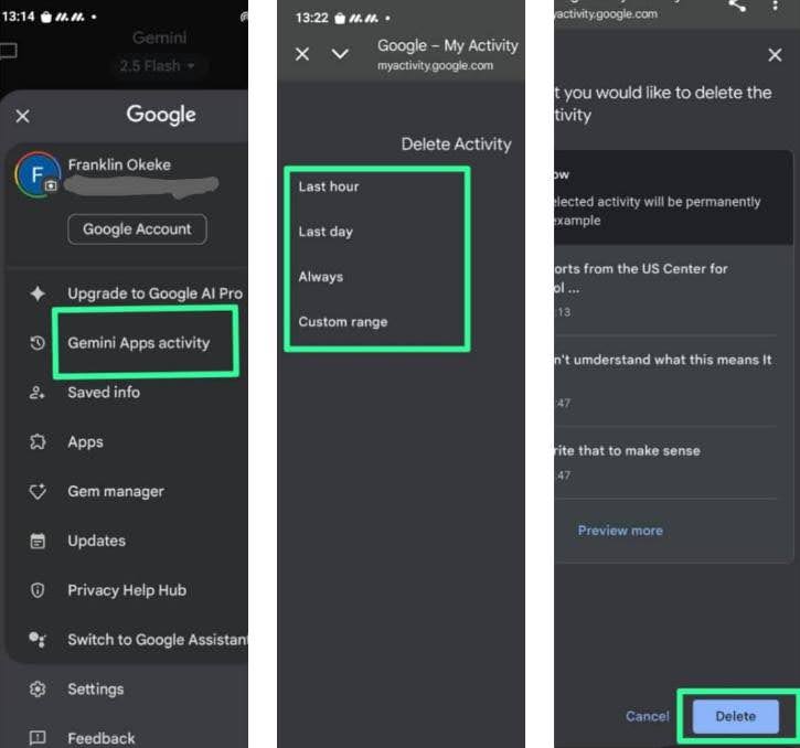 Three-step screenshot guide showing how to delete saved Gemini activity data by selecting a time range and confirming deletion