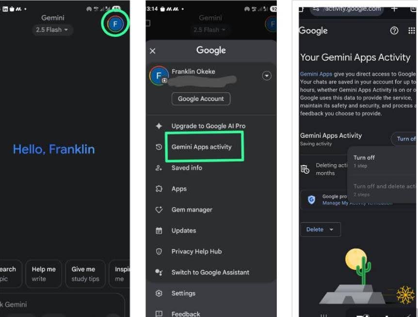 Three-step screenshot guide showing how to disable Gemini Apps Activity via the Android app settings
