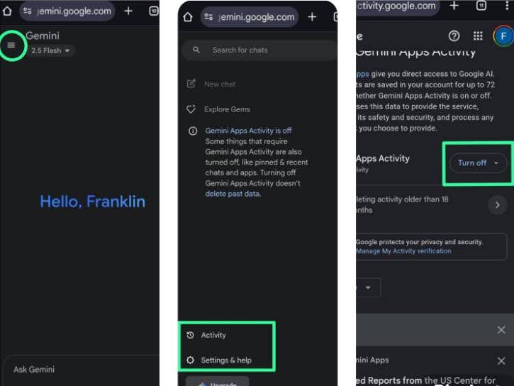 Three-step screenshot guide showing how to turn off Gemini Apps Activity using the web interface at gemini.google.com