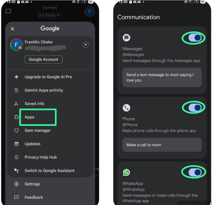 Two-step screenshot guide showing how to disable Gemini's access to individual apps like Messages, Phone, and WhatsApp through the app settings