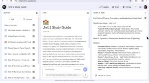 Screenshot of a Google Notebook with a physics study guide, detailing topics like dynamics, forces, and student learning resources.
