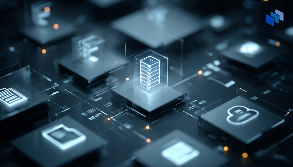 A digital interface featuring illuminated icons on black tiles, highlighting a central 3D stack icon, symbolizing data storage and technology.