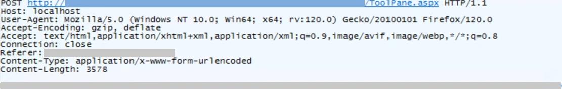 HTTP POST request to /ToolPane.aspx showing key headers like Host, User-Agent, and Content-Type
