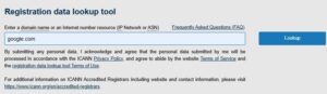 A registration data lookup tool with an input field for domain names, displaying the example "google.com" and legal disclaimers below.