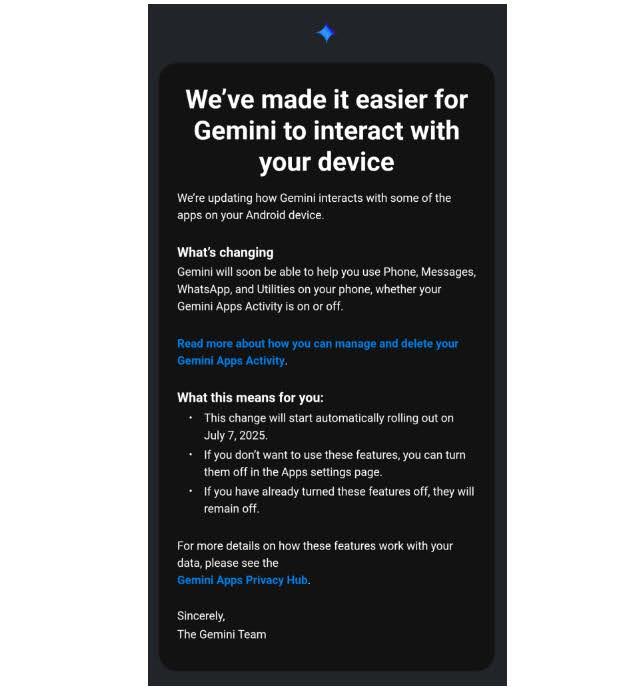 Screenshot of a Google email about Gemini now accessing Phone, Messages, and WhatsApp apps by default
