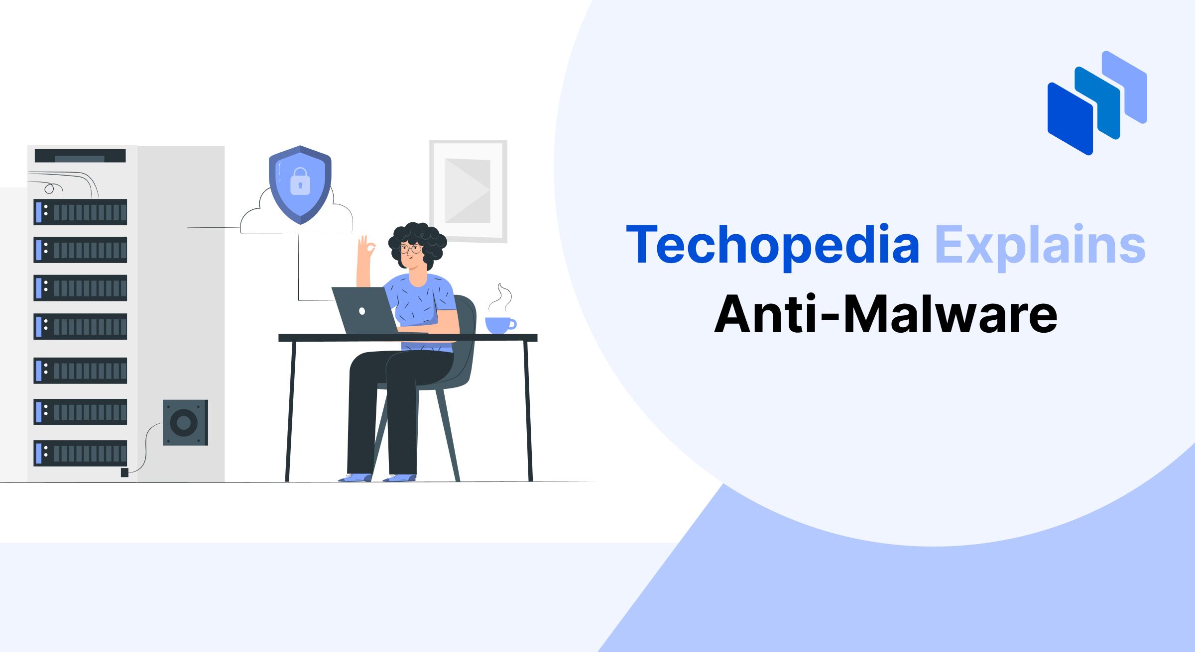 An illustration showing a person using a laptop connected to a server with a shield icon, symbolizing the concept of anti-malware protection.