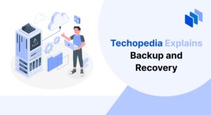 Illustration of a person managing a server and cloud storage, representing the concept of backup and recovery, ensuring data protection and restoration in case of system failure.