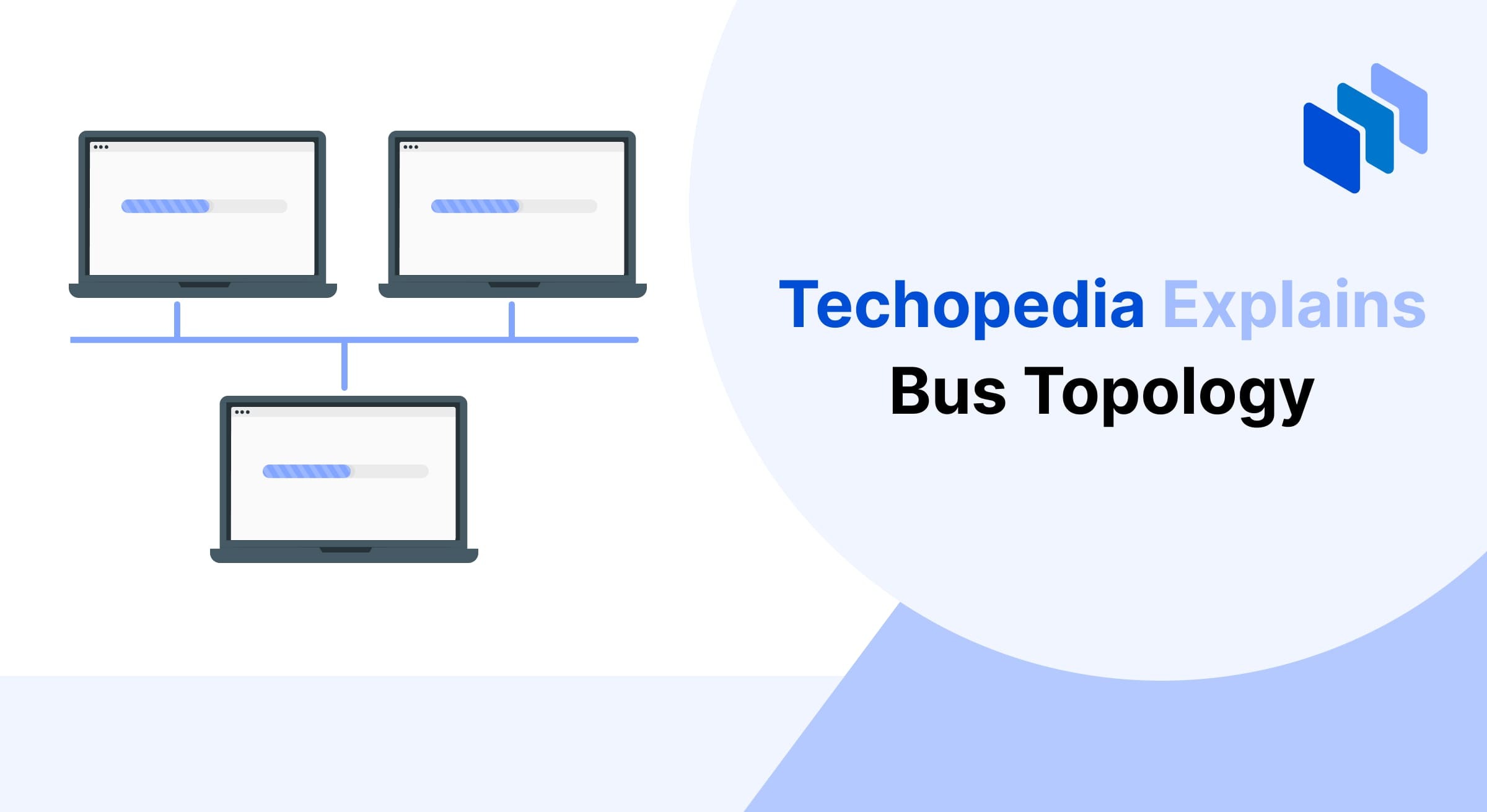 Illustration of multiple computers connected to a single communication line, representing the concept of bus topology in networking where devices share a common communication backbone.