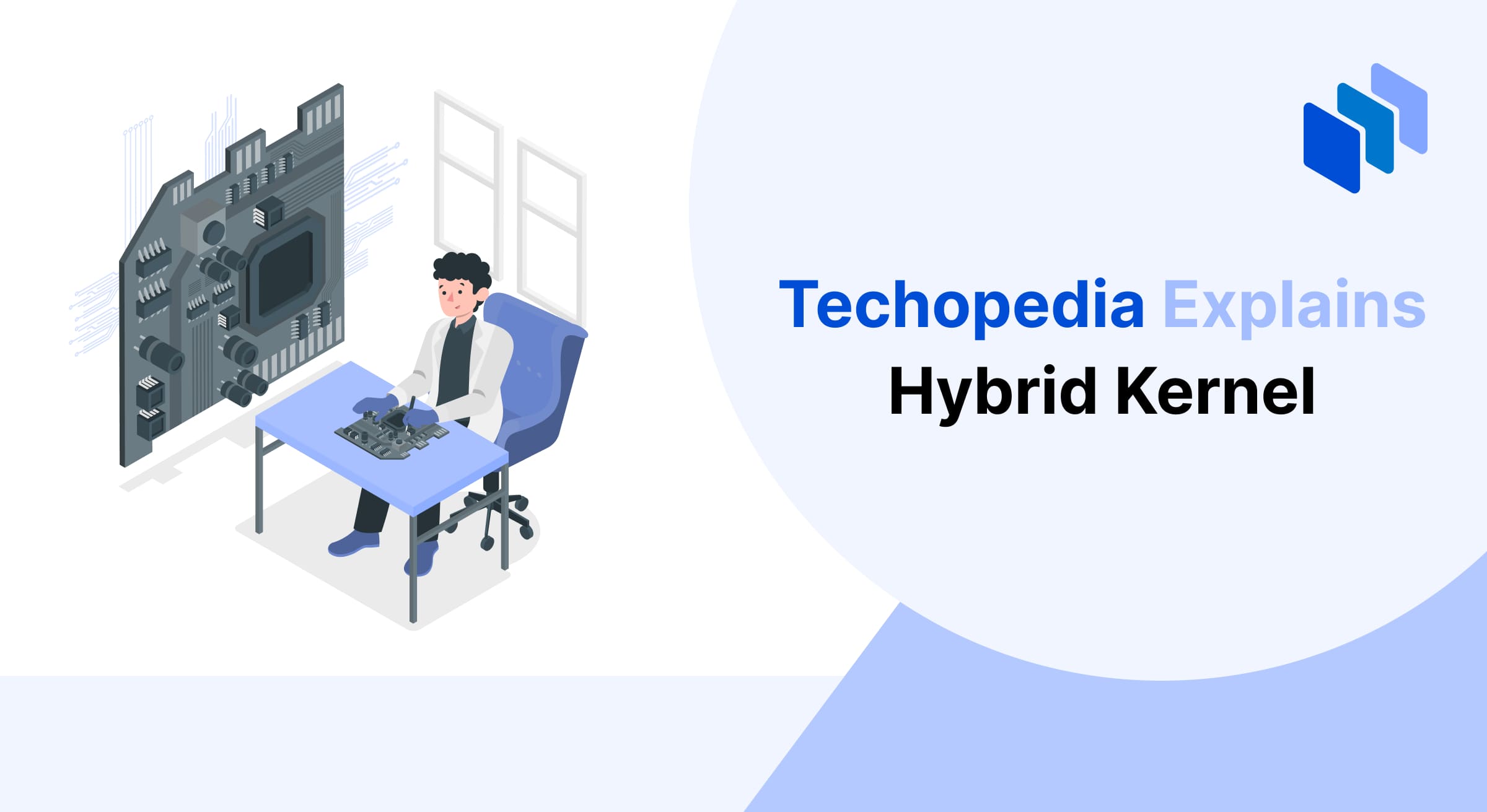 Illustration of a person working with a computer motherboard, representing the concept of a hybrid kernel as a combination of monolithic and microkernel architectures for operating systems.
